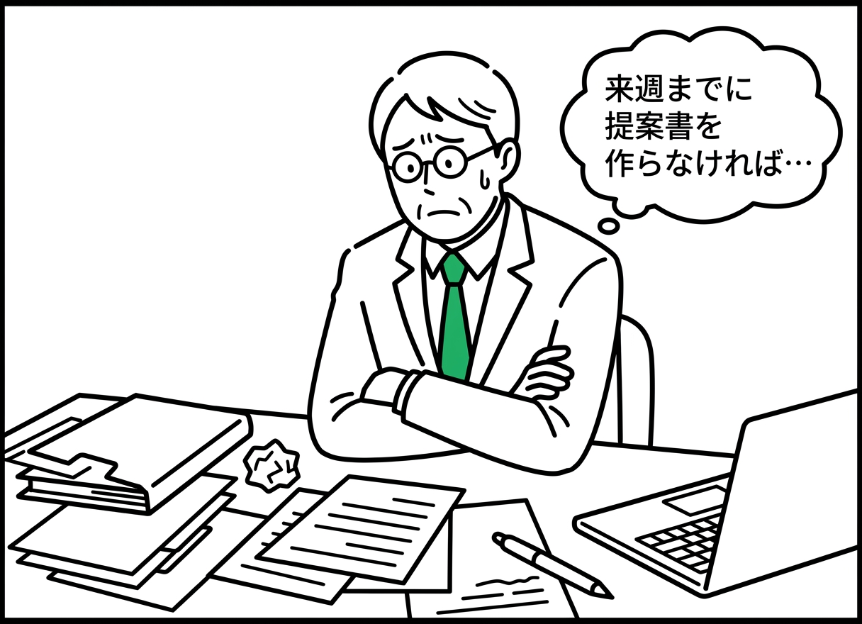 漫画パネル1: 来週までに提案書を作らなければならないと焦る場面