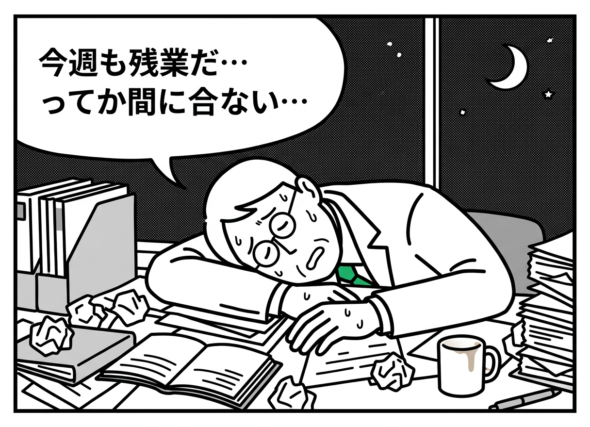 漫画パネル2: 今週も残業で間に合わないと疲弊する場面